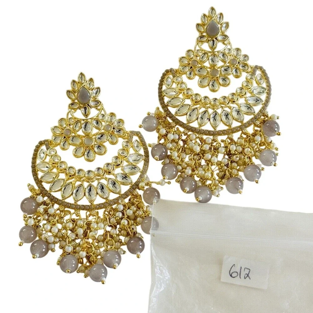 VTG‎ Regal Earrings Chandelier Gold Glass Beaded Clear Cabochon Statement Rare